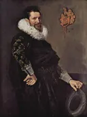 Portret van Paulus van Beresteyn (1588-1636) van Frans Hals: portret met man, molensteenkraag, zwart kostuum en hoed, in zwart en grijs