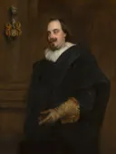 Portret van Peeter Stevens (ca. 1590-1668) van Anthony van Dyck: portret met man, handschoen, kraag en zwart kostuum, in donker bruin