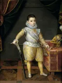 Portret van Philip Emmanuel van Savoie (1586-1605) op vijfjarige leeftijd van Jan Kraeck: portret met jongen, harnas, zwaard en gordijn, in zilvergrijs en donkerrood