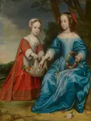 Portret van prins Willem III (1650-1702) en zijn tante Maria van Nassau (1642-1688) als kinderen van Gerard van Honthorst: portret met kinderen, jurken, bloemenkrans en boom, in rood en blauw