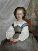 Portret van Romaine Lacaux van Pierre-Auguste Renoir: portret met meisje, kind, jurk en zittend, in gedempt grijs met wit