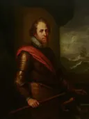 Portret van stadhouder Maurits (1567-1625), prins van Oranje van Naar Michiel Jansz. van Mierevelt: portret met man, harnas, sjerp en kraag, in donker met rood