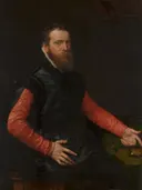 Portret van Steven van Herwijck (ca. 1530-1565/1567) van Antonis Mor: portret met man, rode mouwen en baard, in donker met rood
