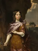Portret van Wolfert van Brederode (1649-1679) van Johannes Mytens: portret met jongen, harnas, mantel en rotsen, in goudbruin met roze
