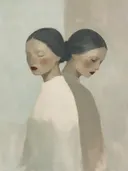 Schilderij: portret vrouwen in mist gehuld