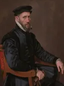 Portretten van Sir Thomas Gresham en Anne Fernely van Anthonis Mor: portret met man, zwarte mantel, baret en stoel, in zwart en bruin
