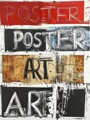 Abstract collage schilderij met tekst POSTER en ART in rood en zwart