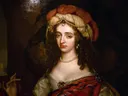 Postuum portret van Maria I Stuart met een bediende van Adriaen Hanneman: portret met vrouw, tulband, parels en krullen, in warm rood en goud
