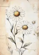 Potloodschets van madeliefjes op oud papier