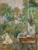 Poupée dans la véranda van Berthe Morisot: interieur met veranda, planten, stoel en pop, in groen met roze
