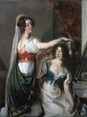 Preparing for a Fancy Dress Ball van William Etty: figuren met vrouwen, bal, kostuum en sluier, in warm rood en wit