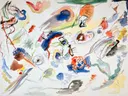 Primo acquarello astratto van Wassily Kandinsky: abstract met vlekken, lijnen, vormen en kleuren, in blauw, rood en geel op wit