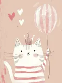Illustratie van een katje met een kroon en een ballon tussen hartjes
