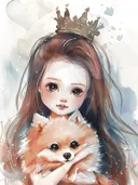Portret van een meisje met kroon en een hondje