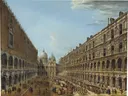 Procession in the Courtyard of the Ducal Palace, Venice van Antonio Joli: stad met binnenplaats, bogen, mensen en paleis, in licht beige en grijs