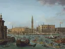 Procession of Gondolas in the Bacino di San Marco, Venice van Antonio Joli: stad met gondels, paleis, water en toren, in licht blauw en beige