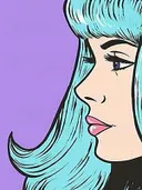 Pop-art profielportret van een vrouw met turquoise haar tegen een paarse achtergrond