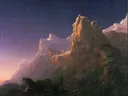 Prometheus Bound van Thomas Cole: landschap met berg, rotsen, schemering en sneeuwtop, in violet en donkerblauw