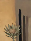Schilderij van protea van dichtbij in camel en ivoor, in vlakke kleurvlakken
