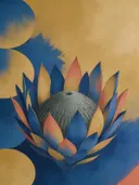 Schilderij van protea van dichtbij in delfsblauw en mosterd