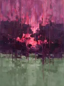 Abstract landschap in pruim en magenta
