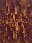 Pruim en saffraan dicht gepakt, abstract schilderij met het paletmes
