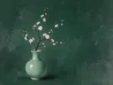 Schilderij van pruimenbloesem in een gladde celadon-groene porseleinen vaas, oosterse stijl in dennengroen