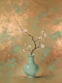 Schilderij van pruimenbloesem in een gladde celadon-groene porseleinen vaas, oosterse stijl in koper en turkoois