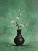 Schilderij van pruimenbloesem in een diep bronzen vaas met een fijne goudrand, oosterse stijl in jade