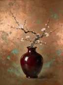 Schilderij van pruimenbloesem in een glanzende oxblood-rode lakvaas, oosterse stijl in koper en turkoois