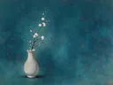 Schilderij van pruimenbloesem in een bleke, ongeglazuurde steengoed vaas, oosterse stijl in pauwenblauw