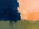 Abstract landschap in pruisisch blauw en perzik