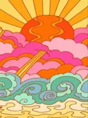 Psychedelisch pop-art landschap met zon, wolken en golven