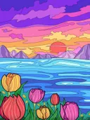 Psychedelisch gekleurd landschap met zonsondergang, bergen, water en tulpen op de voorgrond