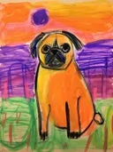 Schilderij van een oranje pug hond zittend in gras bij een kleurrijke zonsondergang.