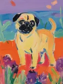 Schilderij van een gele pug hond tegen een blauw-oranje achtergrond met bloemen.