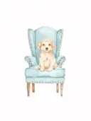 Schilderij van een puppy die op een grote blauwe fauteuil zit, kinderkamer decoratie