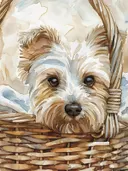 Puppy die uit een rieten mand kijkt