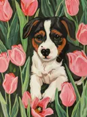 Illustratie van een puppy liggend tussen roze tulpen