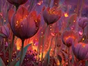 Schilderij van purperen tulpen met vlinders in een gloeiend veld