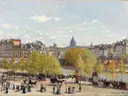 Quai du Louvre van Claude Monet: stad met kade, rijtuigen, mensen en koepel, in licht blauw en beige