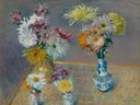 Quatre Vases de chrysanthèmes (CR484) van Gustave Caillebotte: bloemen met chrysanten, vazen, boeket en tafel, in geel, roze en wit
