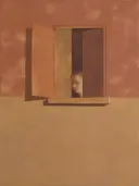 Schilderij van raam in terracotta en zand