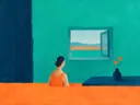 Schilderij van raam in turkoois en mandarijn, in vlakke kleurvlakken