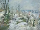Rabbit Warren at Pontoise, Snow van Camille Pissarro: landschap met sneeuw, winter, bomen en huizen, in wit en grijsgroen