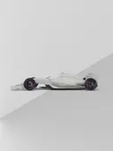 3D-render van een witte Formule-wagen met paarse wielaccenten.