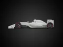 3D-render van een witte Formule-wagen met rode wielaccenten tegen een donkere achtergrond.