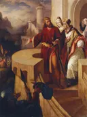 Radbot, Graf von Habsburg zeigt seinem Bruder Bischof Werner seine bewaffneten Getreuen van Ferdinand Schubert: figuren met ridders, bisschop, kasteel en harnas, in bruin, rood en blauw