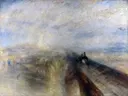 Rain, Steam and Speed - The Great Western Railway van J. M. W. Turner: landschap met trein, brug, regen en mist, in gedempt blauw en oker