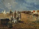 Rainy Day in Camp van Winslow Homer: figuren met kamp, tenten, paarden en mannen, in gedempt beige en grijs